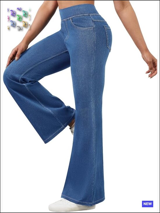 Denim - Stretchy Flare Jeans High Waisted Pull On Bell Bottom Jeans Trendy Elastic